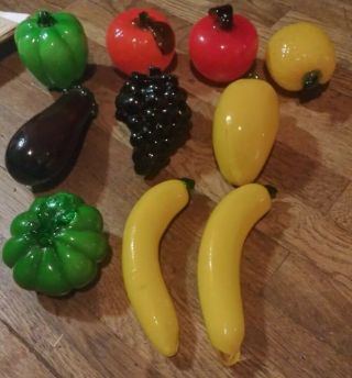 Vtg Murano Style Hand Blown Art Glass 10pc Set Fruit/vegtables