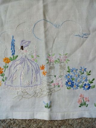 Vintage White 1940s Hand Embroidered Tray Cloth 12.  5 " X 17.  5 " Crinoline Lady