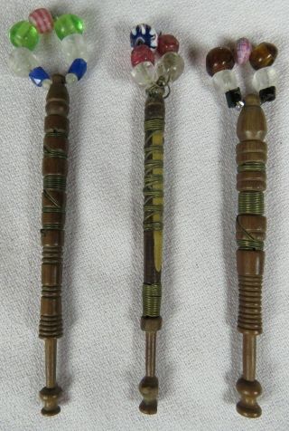 3 Antique Wooden Bobbins With Wire Wrapping And Spangles For Lace Making
