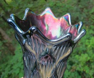 Rare Square Toes Dugan Lined Lattice Antique Carnival Art Glass Vase - Amethyst