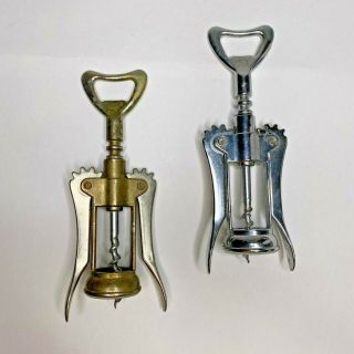 Vintage Antique Brass " Italy " Swing Arm Corkscrew Set Of 2 Wine Bottle Openers