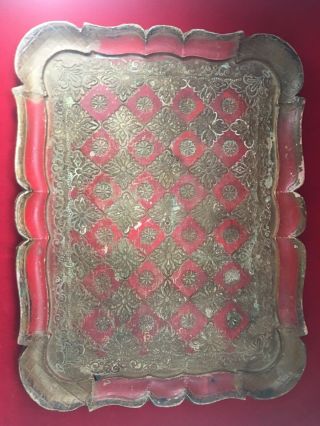 Vintage Florentine Italy Wooden Tray Plate Red & Gold Gilt Paint 12 X 9 Inches