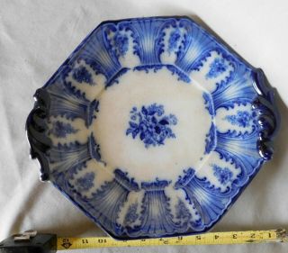 Rare Antique Flow Blue Buccleuch Pattern Octagonal Serving Dish Ca.  1840 Handled
