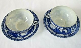Antique Japanese Eggshell Porcelain Tea Cup Saucer Blue White Dragon & Pearl Duo