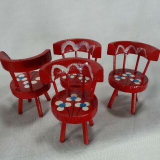 Wooden Dollhouse Furniture Kitchen Table 4 Chairs Red Hand Painted Floral VTG 3