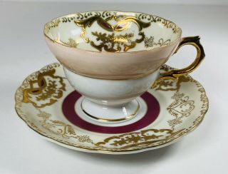Vintage Royal Sealy China Japan Tea Cup ☕️ Saucer White Pink Burgundy Gold Trim