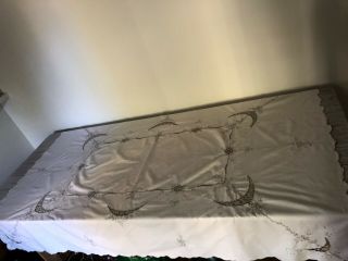 Large Vintage Cream Madeira Tablecloth Cut Work & Embroidery 64” X 47”