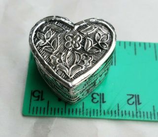 Vintage 800 Sterling Silver Heart Shaped Pill Box With Repousse Floral Design