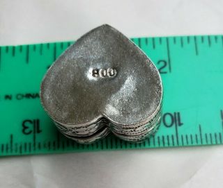Vintage 800 Sterling Silver Heart Shaped Pill Box with Repousse Floral Design 2