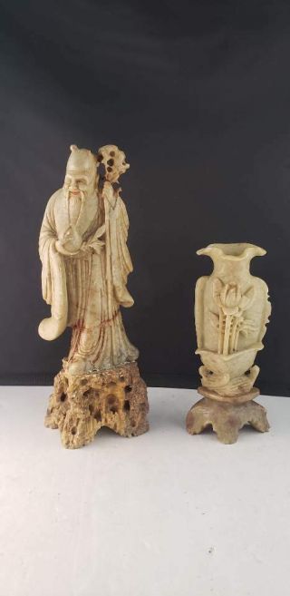 Soapstone Monk Sculpture Bud Vase 8 " H 5.  5 " H Chinese Hand Carved Set Of 2 Vintage