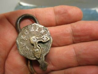 Very Rare Old Brass Miniature Padlock Lock With A Clock Dial Face.  N/r