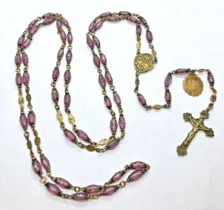 † 1930s Antique Amethyst Cut Glass Beads Rosary With Spacers †