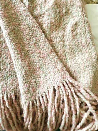 Vintage Kennebunk Weavers Fringe Throw Gray & Pink Soft Blanket 43 X 74