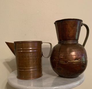 2 Antique Vtg Copper Hand Wrought Tankard Style Vase Mugs Pitcher - 7 3/4” High