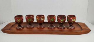 Kjeni Vintage 60’s Teak Wood Tray - Mcm With Set Of 6 Handpainted Wood Egg Cups