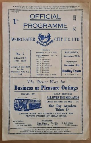 Rare Football Programme 1930s Worcester City V Dudley Town.  Pre War,  Good Condi 