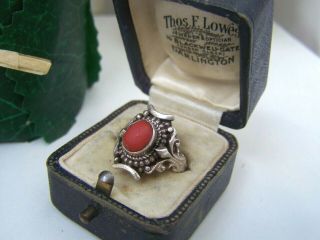 Fabulous Vintage Ornate Solid Sterling Silver Coral Ring Size K 5.  5 Unusual Rare