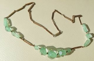 Vintage Jewellery Pale Green Glass And Goldtone Chain Antique Necklace
