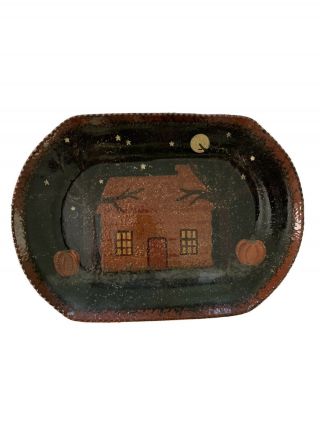 Rare 2003 Ned Foltz Pottery Redware Signed Plate Halloween House Pumpkins