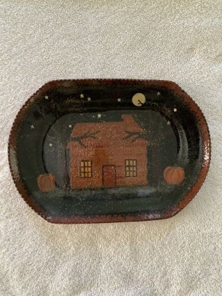 Rare 2003 Ned Foltz Pottery Redware Signed Plate Halloween House Pumpkins 2