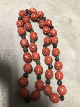 Antique Chinese Carved Cinnabar Lacquer Beads Necklace