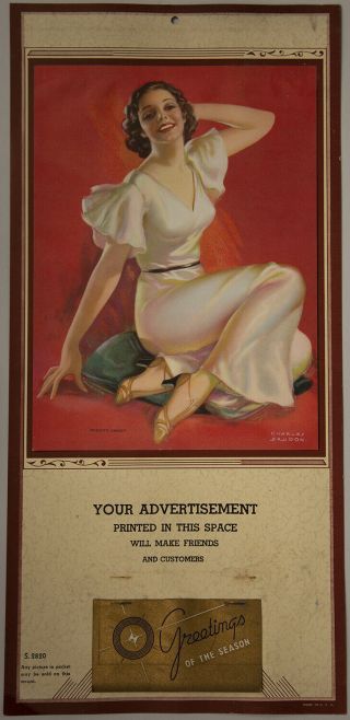 Rare Vintage 1939 Charles Brudon Pin - Up Calendar Pretty Brunette Is Mighty Sweet