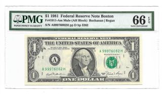 1981 $1 Boston Mule Frn,  Pmg Gem Uncirculated 66 Epq,  Rare A/h Block