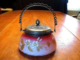 Rare Antique Mt Washington Enamel Decorated Herringbone Satin Glass Cracker Jar