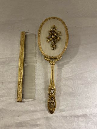 Vintage Antique Gold Finish With Roses Comb & Brush Set Vanity