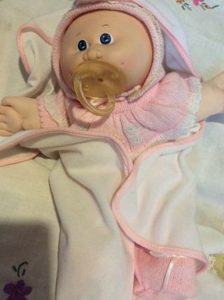 Vtg Cabbage Patch Kids Preemie Doll Boy Blue Eyes Pacifier Bald - Tagged 1985