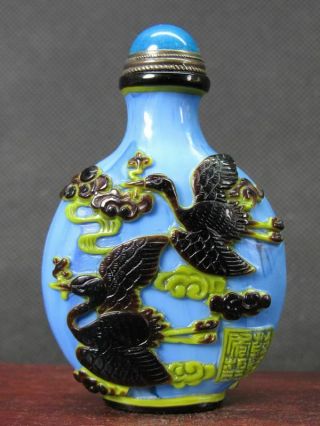 Chinese Crane Deer Carved Peking Overlay Glass Snuff Bottle
