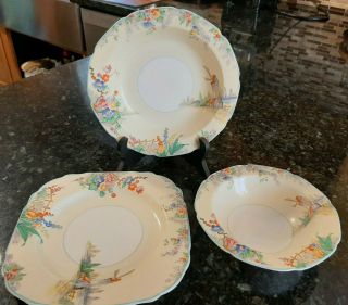 3 Rare Vintage Grindley England The Old Mill Tunstall Sq Lunch Plate,  Two Bowls