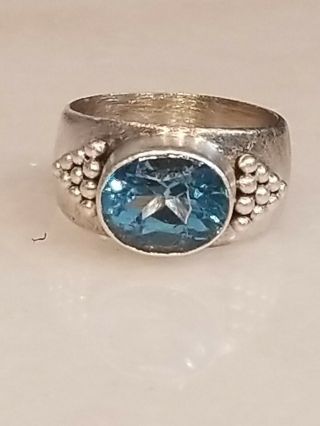 Vintage Hand Made Sterling Silver 925 Ring With Natural Topaz Blue Size 6