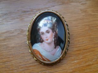 Limoges Porcelain,  France,  Antique Portrait Miniature Of Pretty Lady,  Brooch