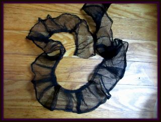 ANTIQUE VICTORIAN INK BLACK COTTON LACE TULLE RUFFLED TRIM FRAGMENT 2