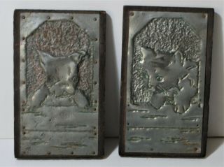 Two Antique Folk Art Hammered Tin Dog And Cat On Wood Plaques