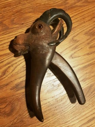 Rare Carved Black Forest Goat Nutcracker With Glass Eyes.