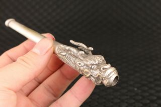 Rare Chinese Tibetan Silver Handmade Dragon Statue Smoke Tool Pipe Gift