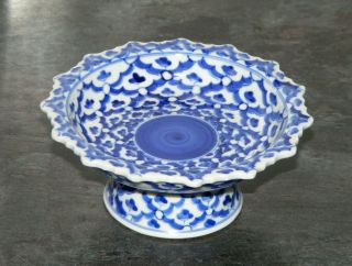 Antique Chinese Hand Painted Blue & White Porcelain Tazza / Footed Dish - Vgc