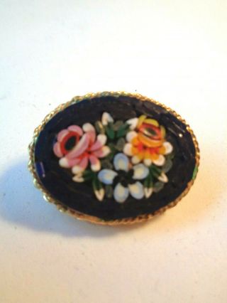Vintage Gold Tone 1 " Oval Italy Micro Mosaic Tile Floral Brooch Pin