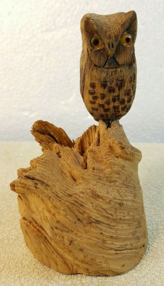 Vintage Hand Carved Wood Owl On Driftwood Sculpture Signed D Eahley 1984