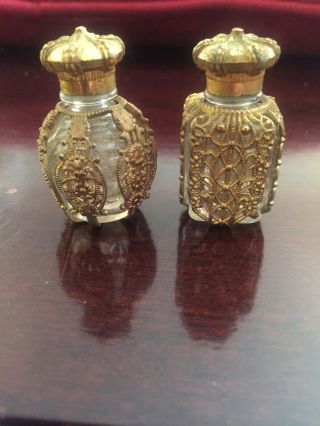 Set Of (2) Vintage Antique Dainty Dabs Mini Perfume Bottles W/ Gold Filigree