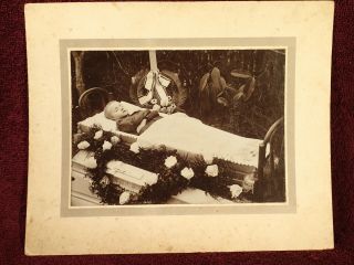 Early 1900 Boy Post Mortem Open Coffin Large Antique Photo On Cardboard