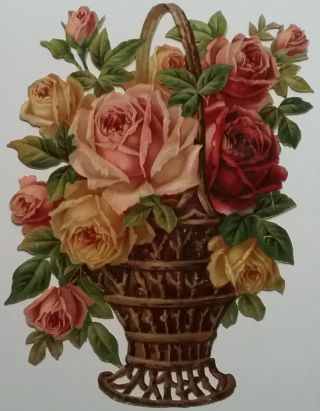 L Antique Embossed Chromo Victorian Scrap,  A.  Basket Of Roses,  24x19cms.