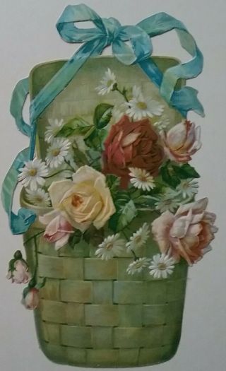 L Antique Emboschromo Victorian Scrap,  Ribboned Basket/roses /daisies 20x12cms.