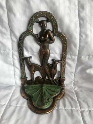 Vintage Art Deco Brass Nude Figural With Dogs Bookend Naked Lady