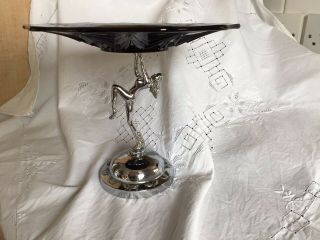 Art Deco Chrome Nude Lady Cake Stand With Bagley? Black Glass Dish With Flowers
