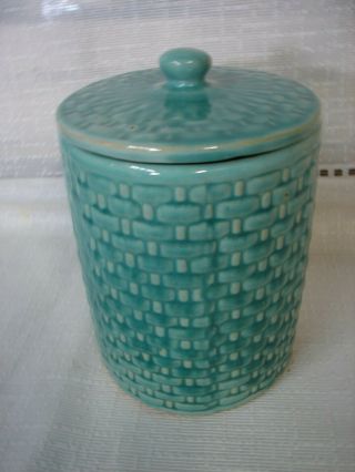 Antique/vintage Weller Pottery Green Basket Weave Canister W/ Lid