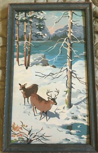 Vintage Oil Paint By Number Painting Of A Buck And Deer In The Winter Woods