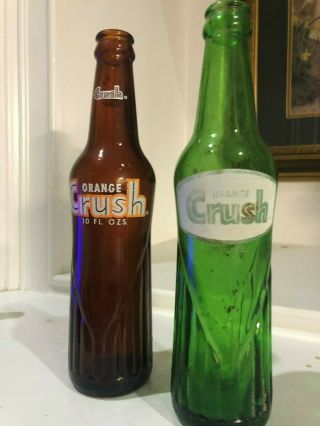 Vintage Pair Rare Orange Crush Soda Bottle Amber And Green Glass Printed